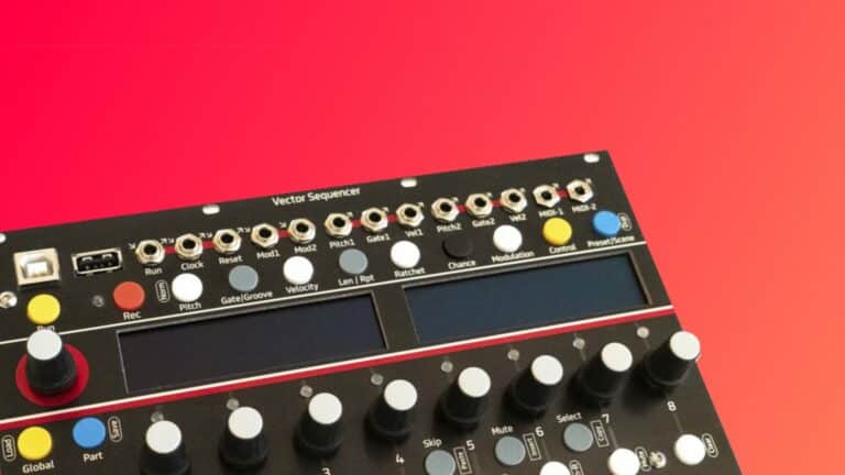 Vector Sequencer hardware angled on a pink and red gradient