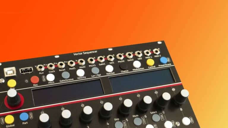 Vector Sequencer hardware angled on an orange gradient