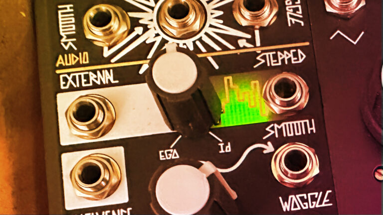 Close-up of Eurorack sample and hold controls labeled External, Stepped, and Smooth with a green LED