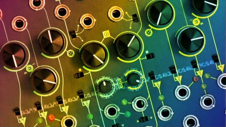 Close-up of knobs and jacks on a Eurorack panel with a rainbow color gradient