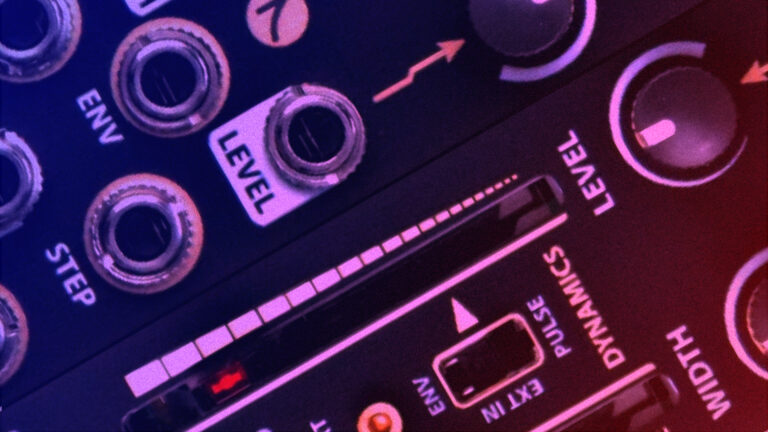 Close-up of a Eurorack panel with Env, Level, Step, and Dynamics labels in blue and pink light