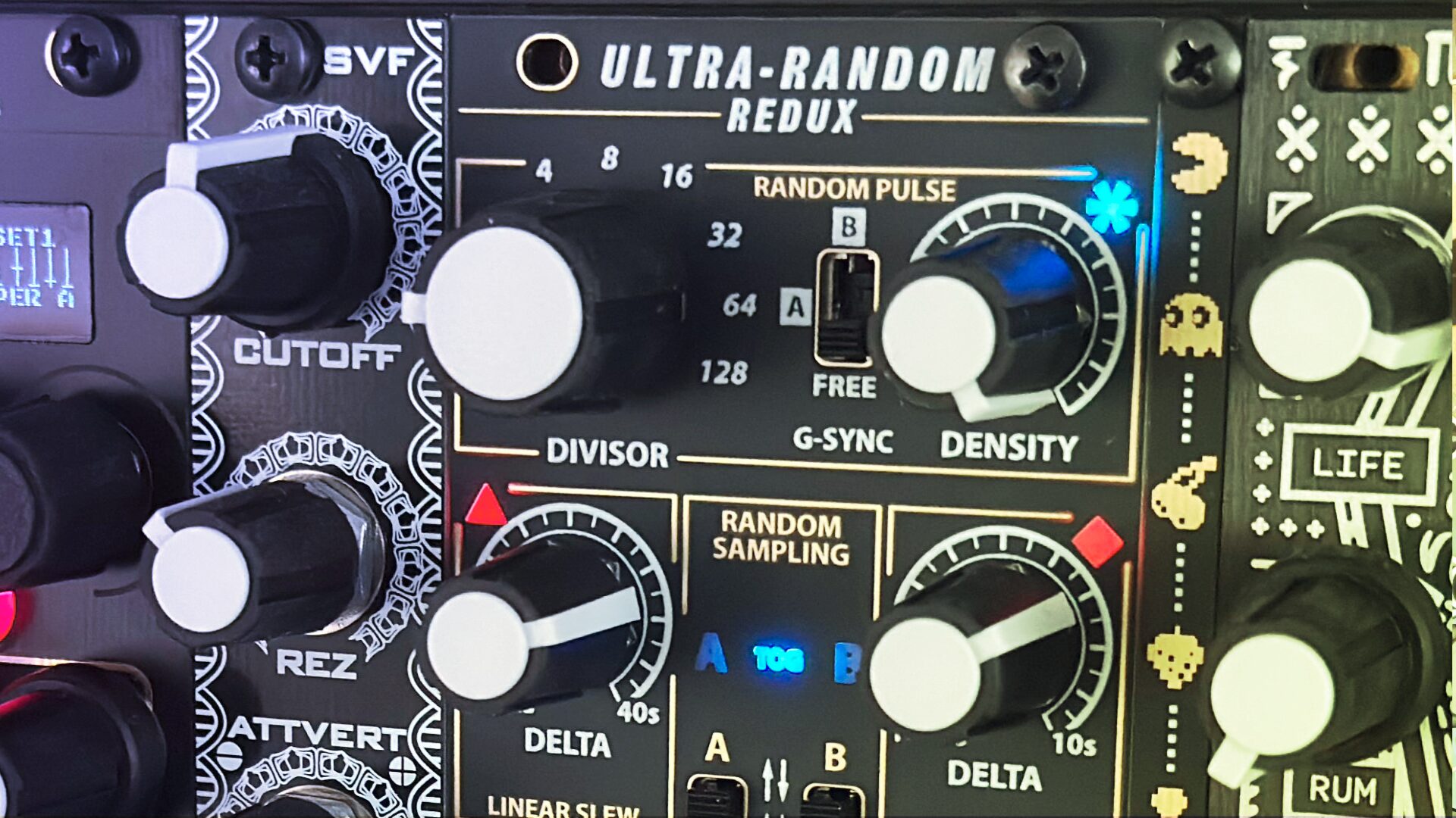 Close-up of the Ultra-Random Redux Eurorack module with Cutoff, Divisor, and Density controls