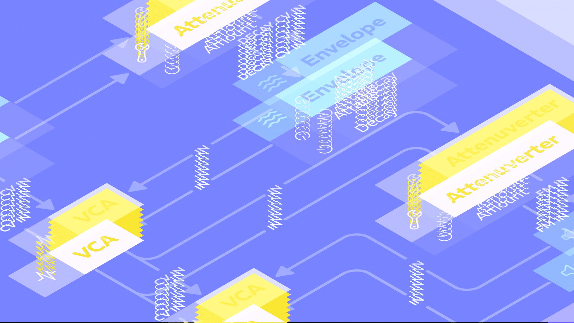 Isometric illustration of modular synth blocks connected by paths in blue and yellow