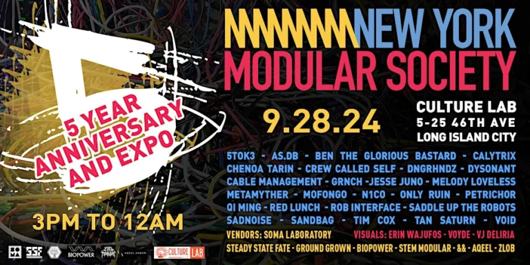New York Modular Society 5 year anniversary and expo poster for September 28, 2024 at Culture Lab in Long Island City