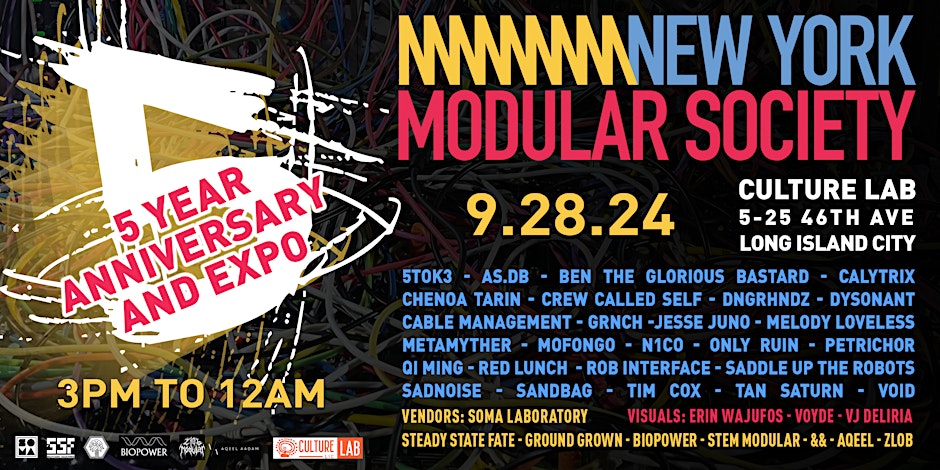 New York Modular Society 5 year anniversary and expo poster for September 28, 2024 at Culture Lab in Long Island City