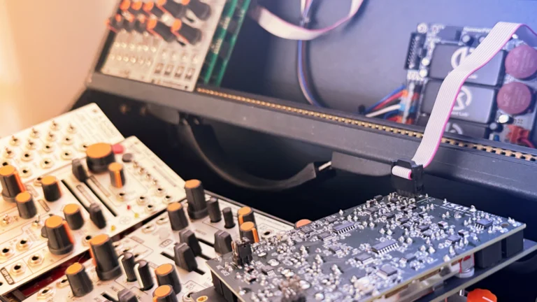 Eurorack modules and a circuit board on a desk with a ribbon cable