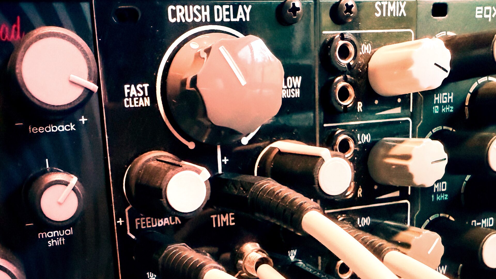 Befaco Crush Delay Eurorack module with a large orange knob and Time control