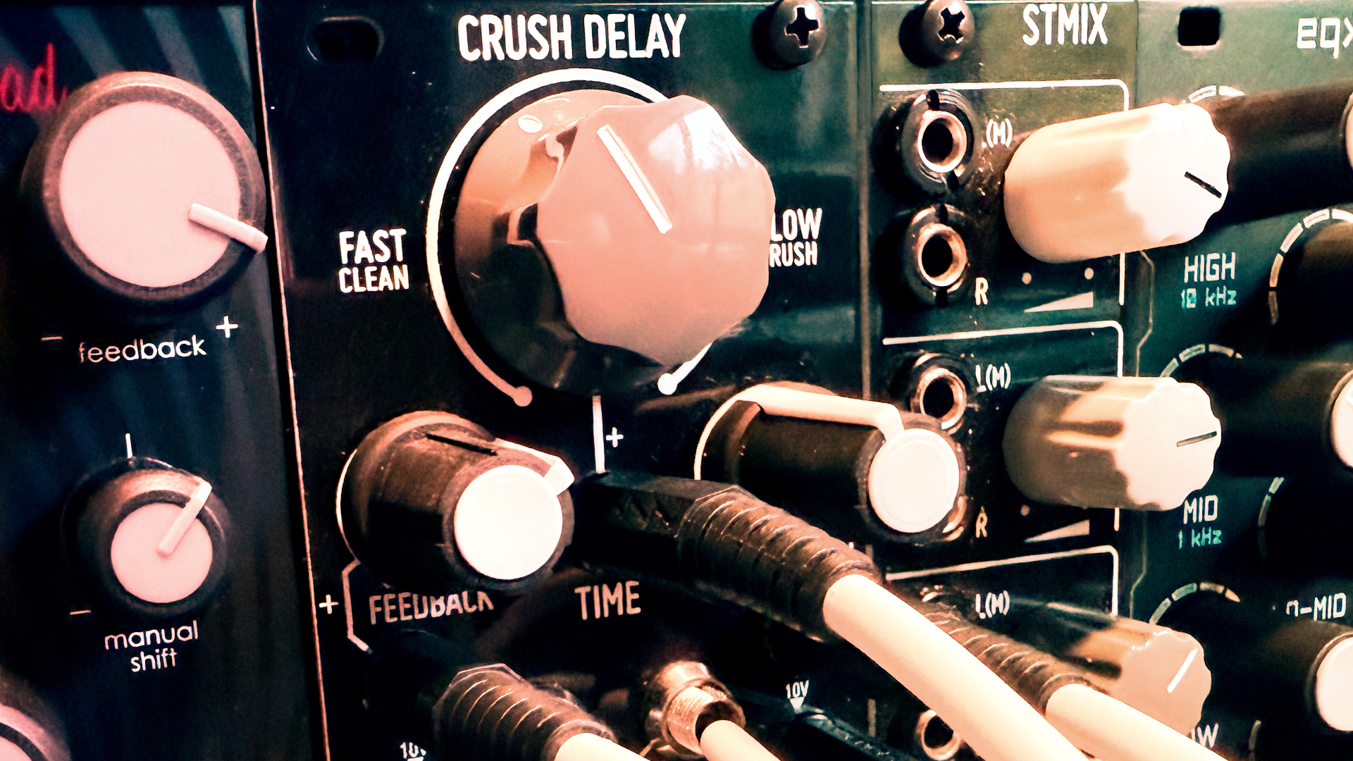 Befaco Crush Delay Eurorack module with a large orange knob and Time control