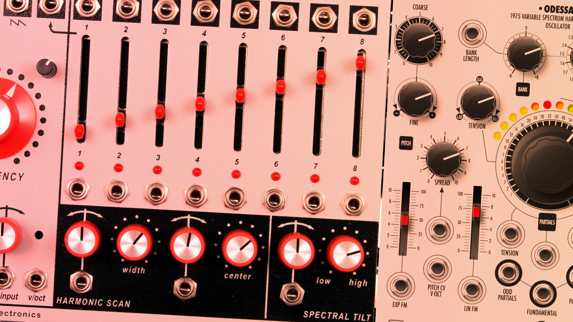 Close-up of Eurorack faders and knobs in pink lighting