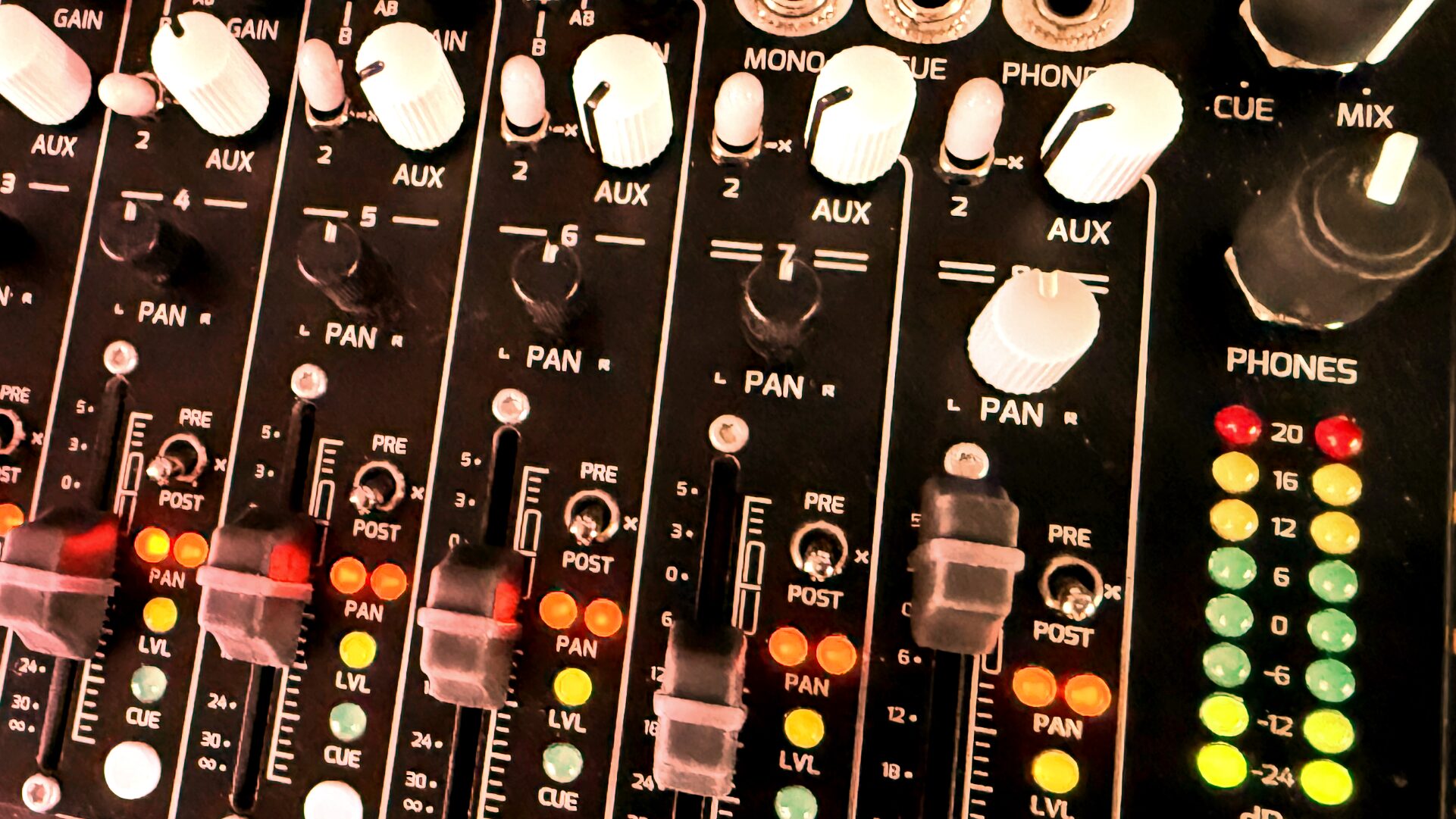 Close-up of a mixing console with knobs, faders, and level meters
