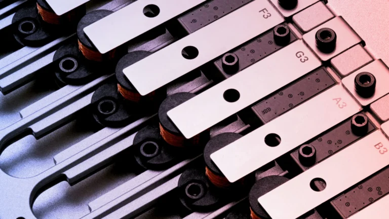 Close-up of the Korg Phase 8's row of metal resonating bars