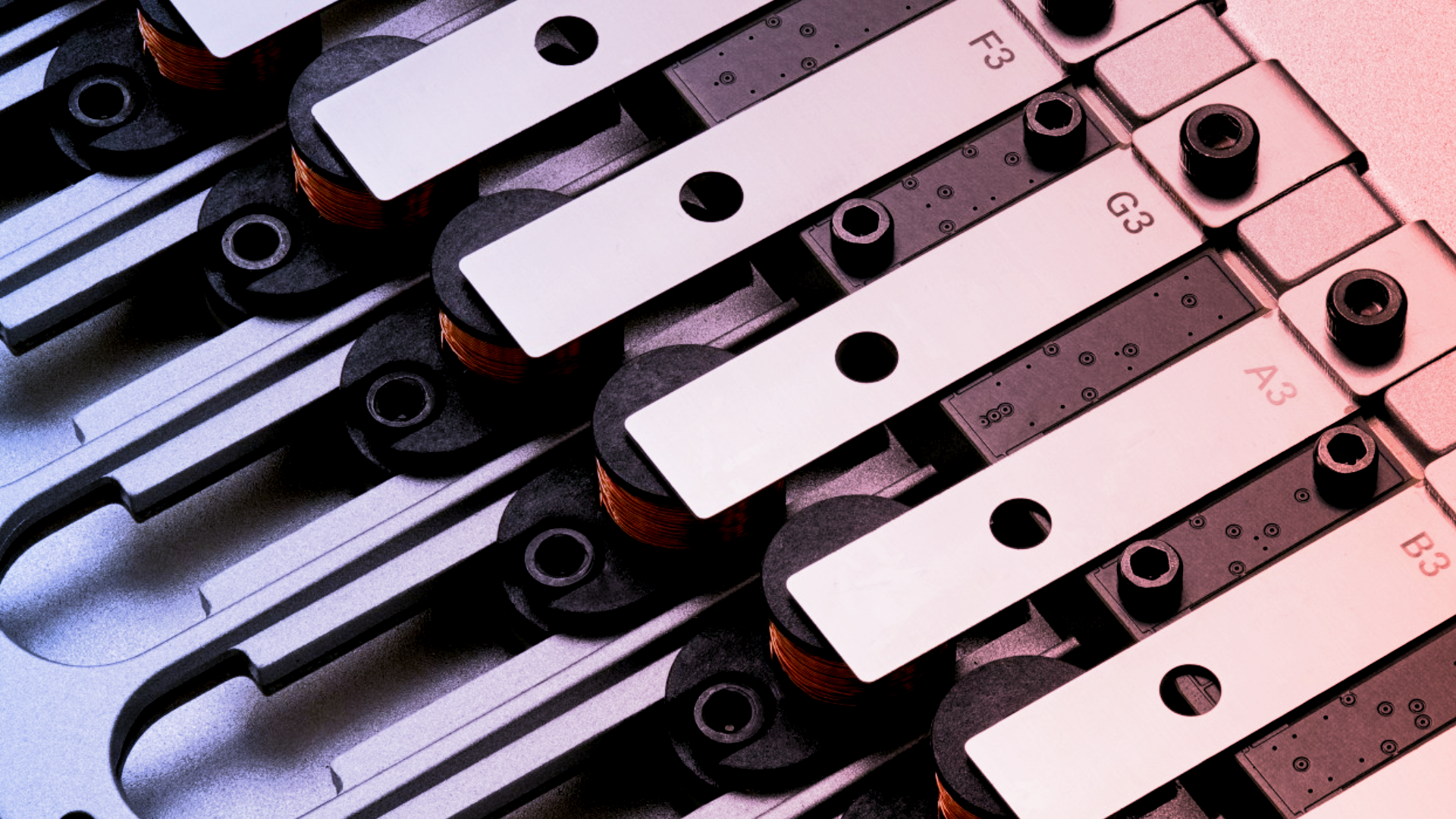 Close-up of the Korg Phase 8's row of metal resonating bars