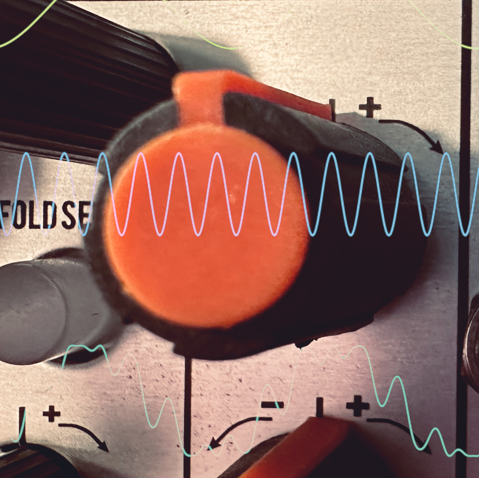 Close-up of an orange knob on a Eurorack module with blue sine waves drawn over it
