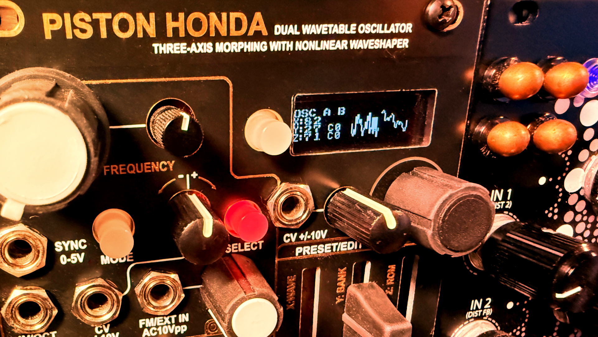Piston Honda MkIII dual wavetable oscillator module with orange knobs and a small display
